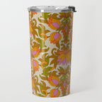Orange, Pink Flowers and Green Leaves 1960s Retro Vintage Pattern Travel Mug Gallery Image 2