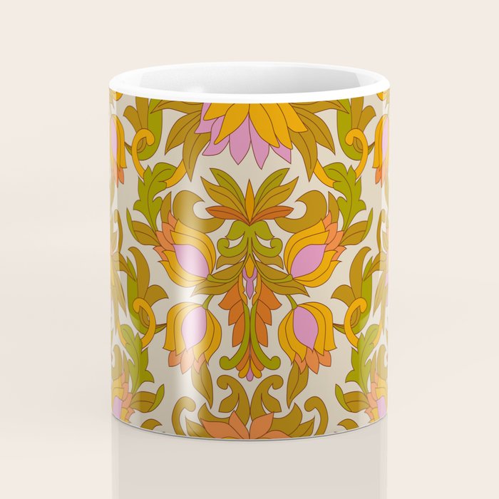 Orange, Pink Flowers and Green Leaves 1960s Retro Vintage Pattern Coffee Mug Gallery Image 4