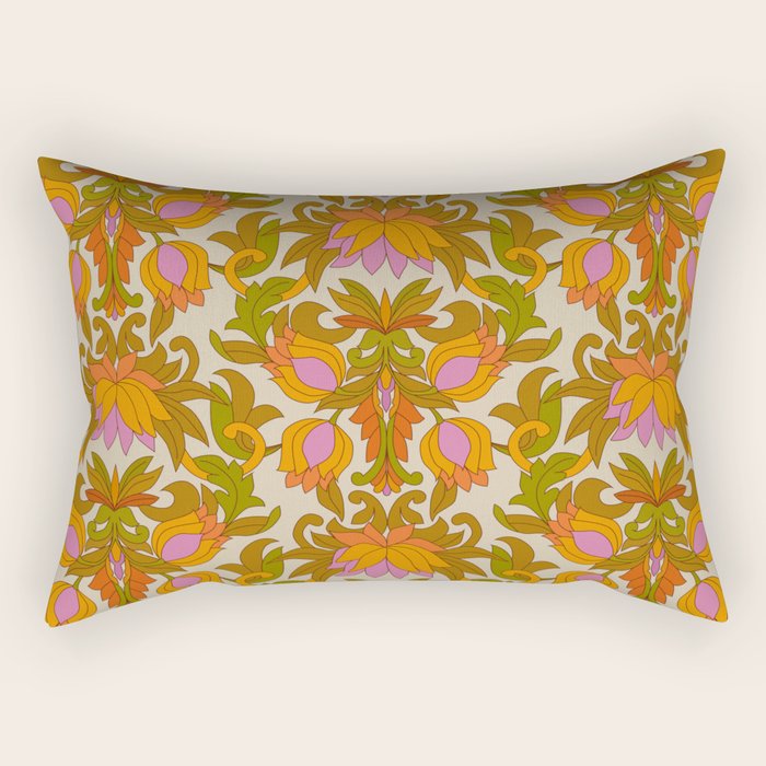 Orange, Pink Flowers and Green Leaves 1960s Retro Vintage Pattern Rectangular Pillow Gallery Image 2