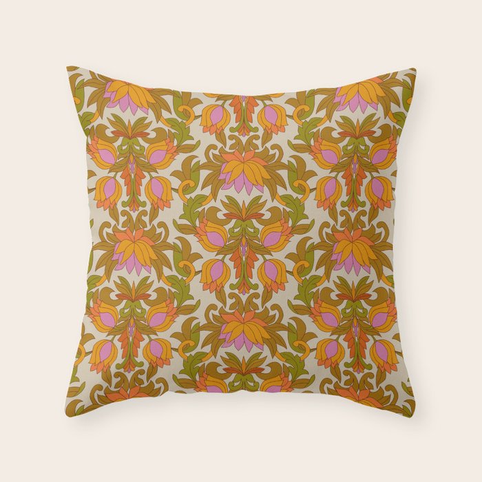 Orange, Pink Flowers and Green Leaves 1960s Retro Vintage Pattern Throw Pillow Gallery Image 1