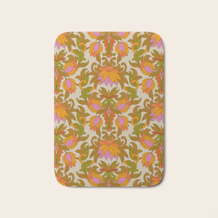 Orange, Pink Flowers and Green Leaves 1960s Retro Vintage Pattern Bath Mat Gallery Image 1