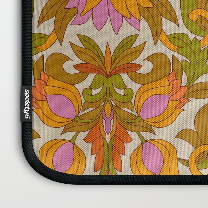 Orange, Pink Flowers and Green Leaves 1960s Retro Vintage Pattern Laptop Sleeve Gallery Image 3