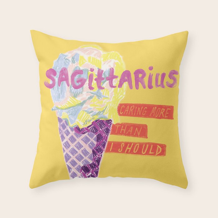 Sagittarius Cares in Sunshine Yellow | Zodiac Series  Throw Pillow Gallery Image 1
