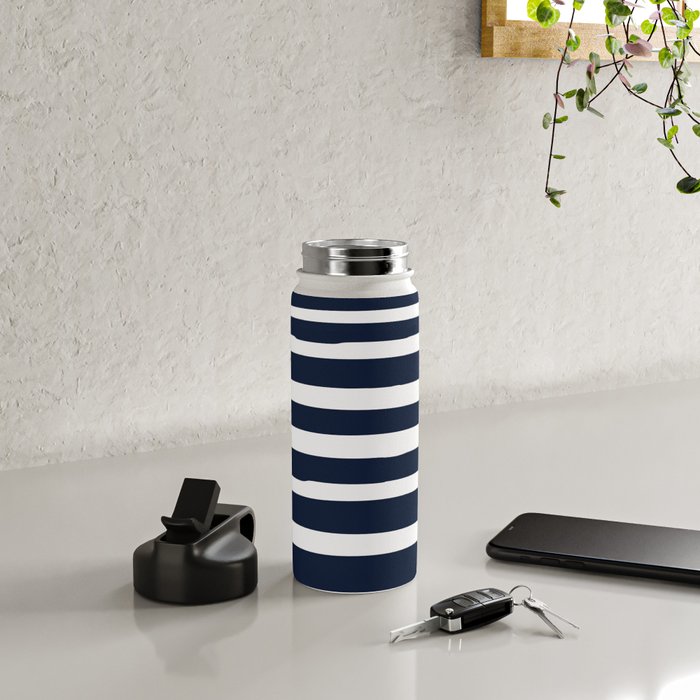 Ocean Stripes, Modern, Abstract, Navy Blue and White Water Bottle Gallery Image 4