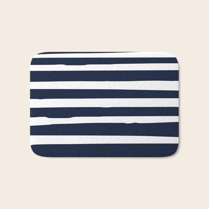 Ocean Stripes, Modern, Abstract, Navy Blue and White Bath Mat Gallery Image 1