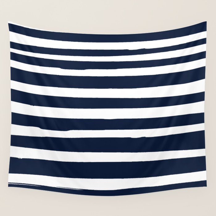 Ocean Stripes, Modern, Abstract, Navy Blue and White Wall Tapestry Gallery Image 4