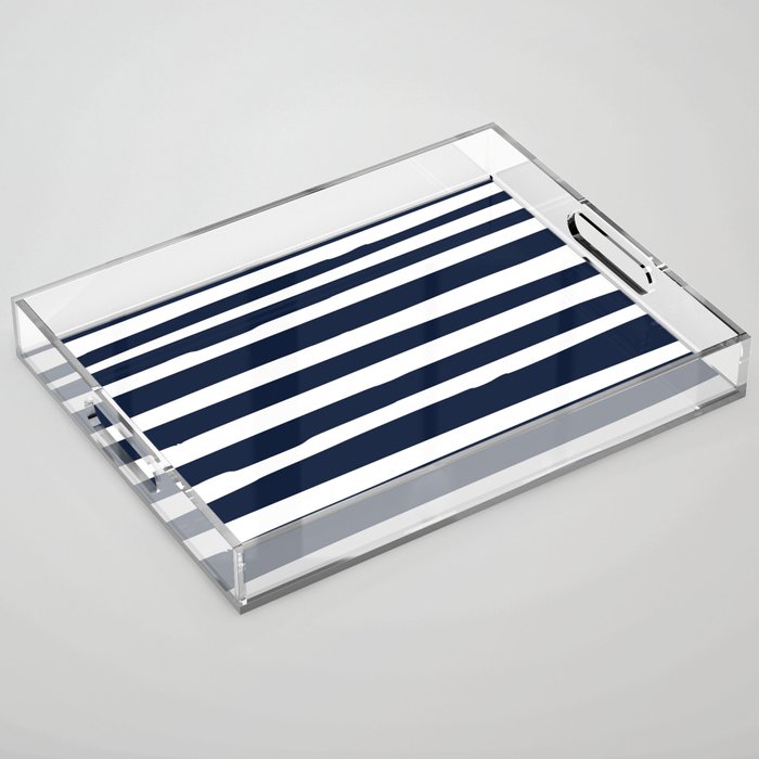 Ocean Stripes, Modern, Abstract, Navy Blue and White Acrylic Tray Gallery Image 1