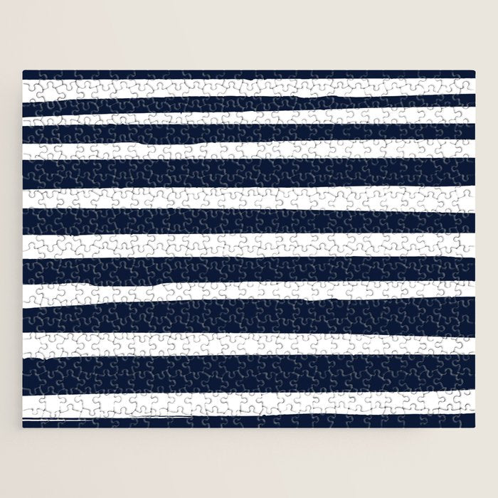 Ocean Stripes, Modern, Abstract, Navy Blue and White Jigsaw Puzzle Gallery Image 1