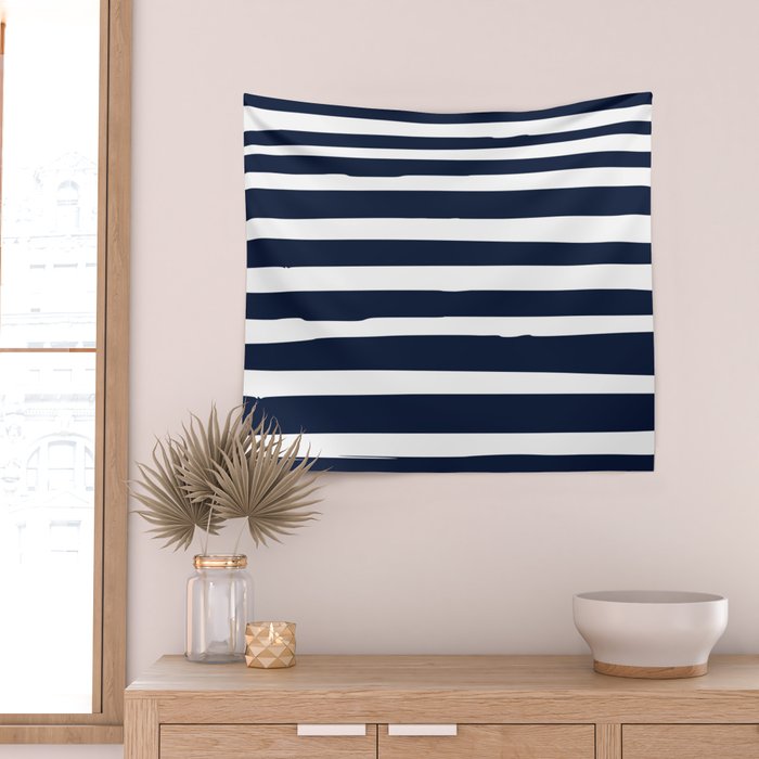 Ocean Stripes, Modern, Abstract, Navy Blue and White Wall Tapestry Gallery Image 2