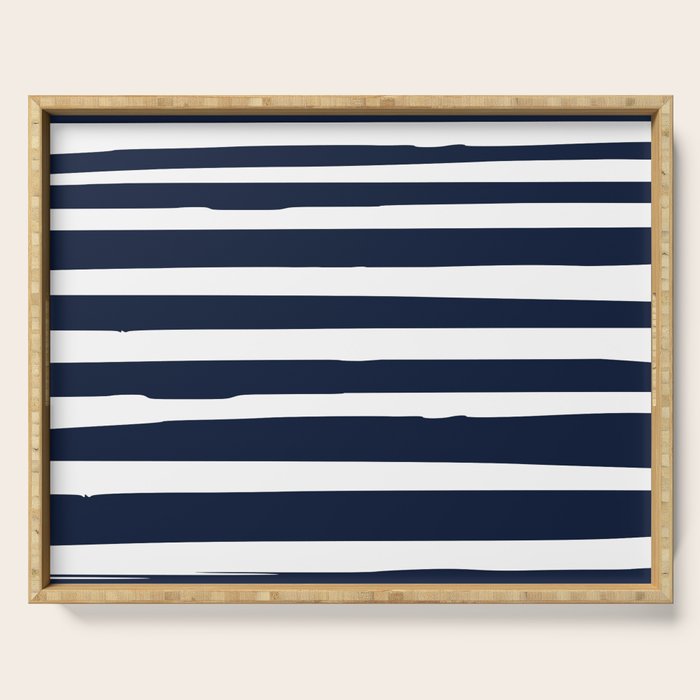 Ocean Stripes, Modern, Abstract, Navy Blue and White Serving Tray Gallery Image 1