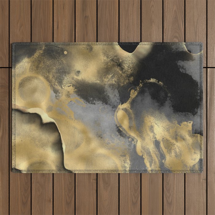 Gold and Black Modern Abstract Art Print Outdoor Rug Gallery Image 1