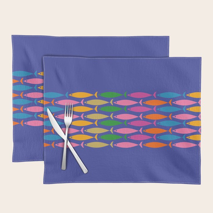 Fish Stripe Colorful Vivid Minimal Mid Century Modern Ocean Pattern on Blue Placemat Gallery Image 1
