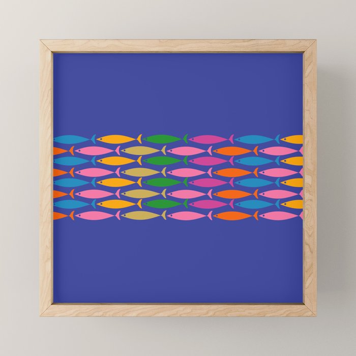 Fish Stripe Colorful Vivid Minimal Mid Century Modern Ocean Pattern on Blue Mini Art Print Gallery Image 1