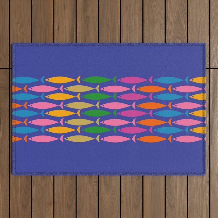 Fish Stripe Colorful Vivid Minimal Mid Century Modern Ocean Pattern on Blue Outdoor Rug Gallery Image 1