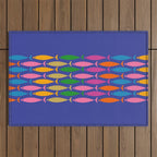 Fish Stripe Colorful Vivid Minimal Mid Century Modern Ocean Pattern on Blue Outdoor Rug Gallery Image 1