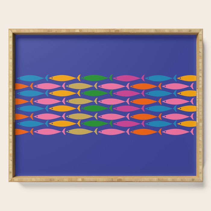 Fish Stripe Colorful Vivid Minimal Mid Century Modern Ocean Pattern on Blue Serving Tray Gallery Image 1