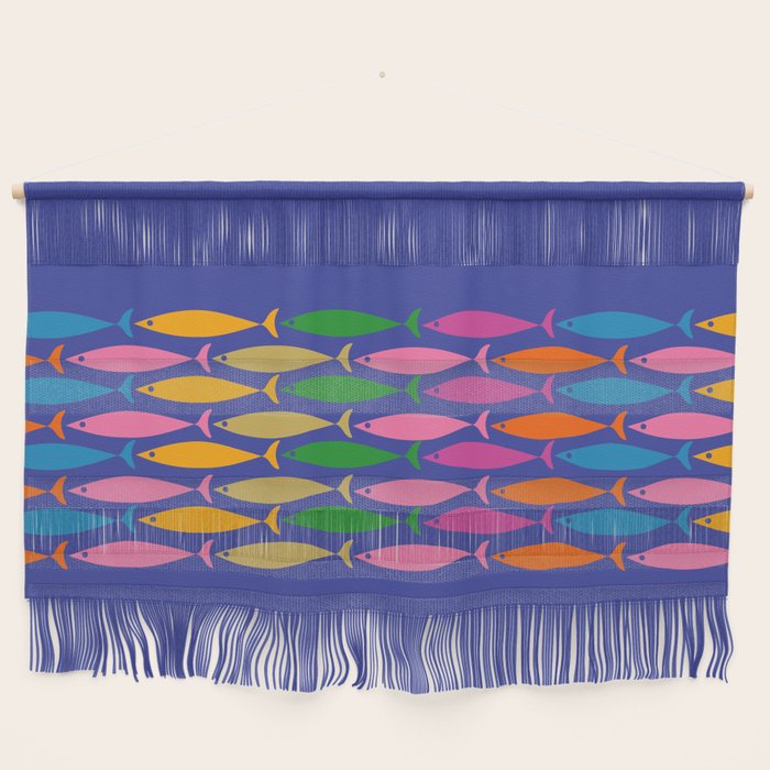 Fish Stripe Colorful Vivid Minimal Mid Century Modern Ocean Pattern on Blue Wall Hanging Gallery Image 1