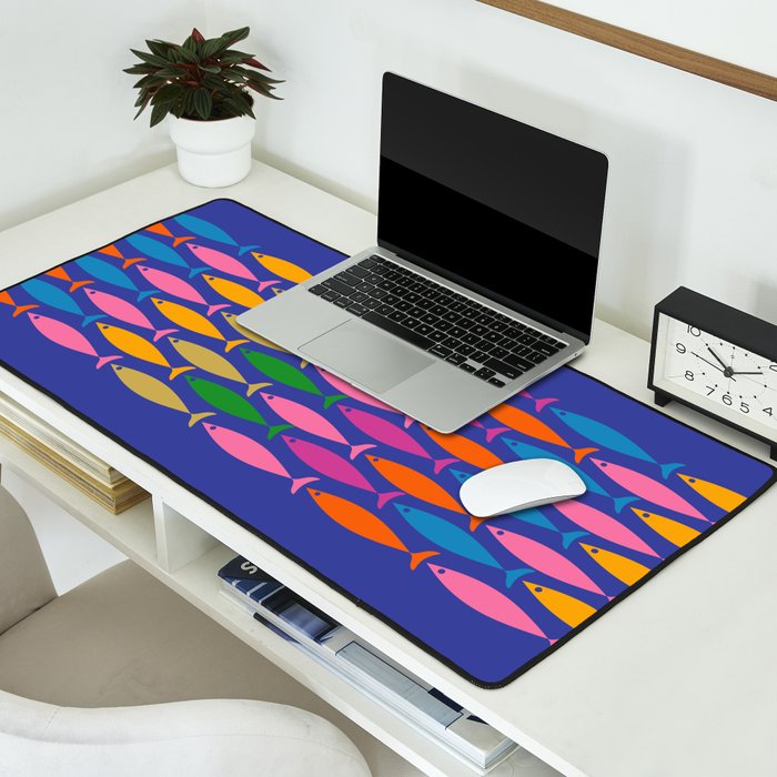 Fish Stripe Colorful Vivid Minimal Mid Century Modern Ocean Pattern on Blue Desk Mat Gallery Image 2