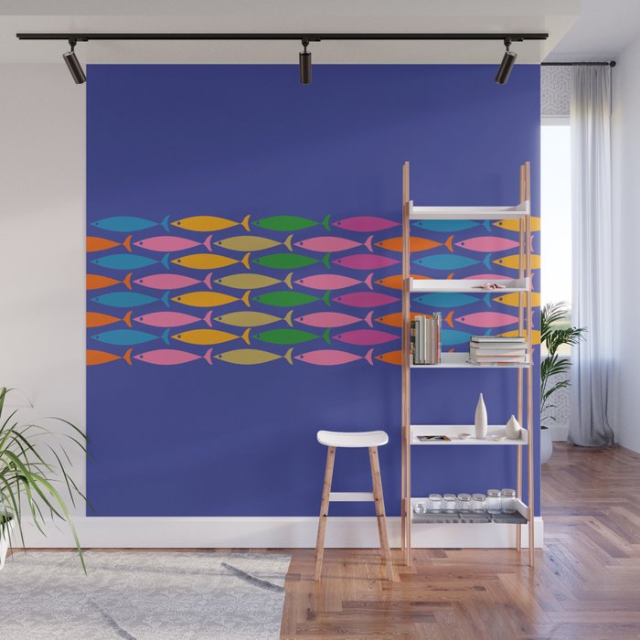 Fish Stripe Colorful Vivid Minimal Mid Century Modern Ocean Pattern on Blue Wall Mural Gallery Image 1
