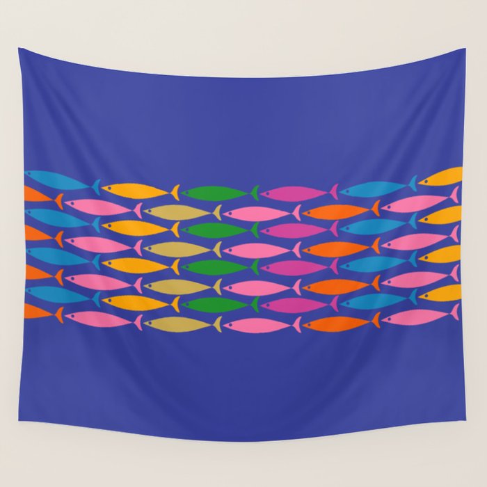 Fish Stripe Colorful Vivid Minimal Mid Century Modern Ocean Pattern on Blue Wall Tapestry Gallery Image 1