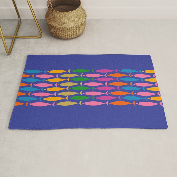 Fish Stripe Colorful Vivid Minimal Mid Century Modern Ocean Pattern on Blue Rug Gallery Image 1