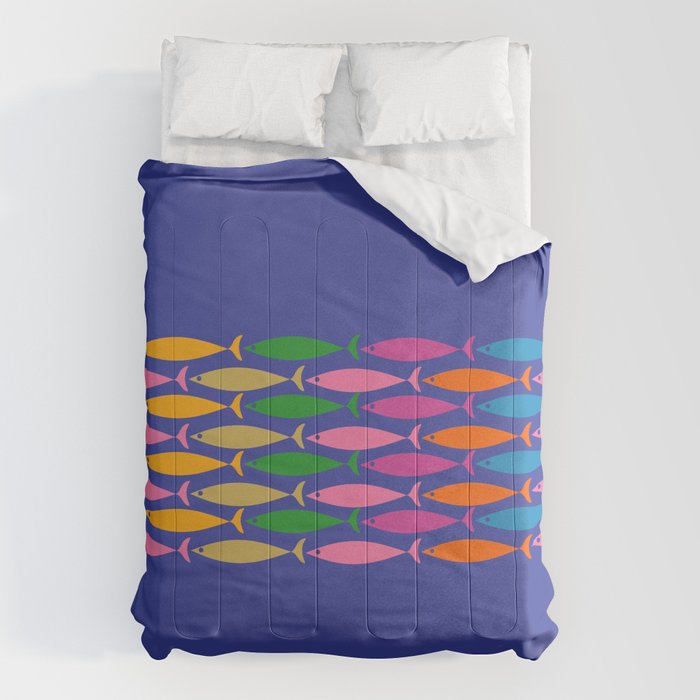 Fish Stripe Colorful Vivid Minimal Mid Century Modern Ocean Pattern on Blue Comforter Gallery Image 6