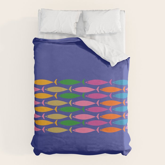 Fish Stripe Colorful Vivid Minimal Mid Century Modern Ocean Pattern on Blue Duvet Cover Gallery Image 6