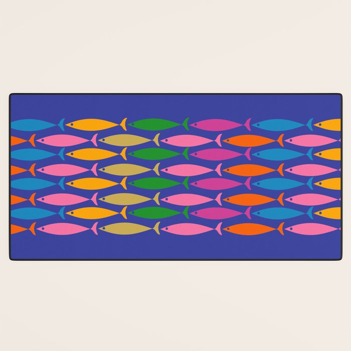 Fish Stripe Colorful Vivid Minimal Mid Century Modern Ocean Pattern on Blue Desk Mat Gallery Image 3