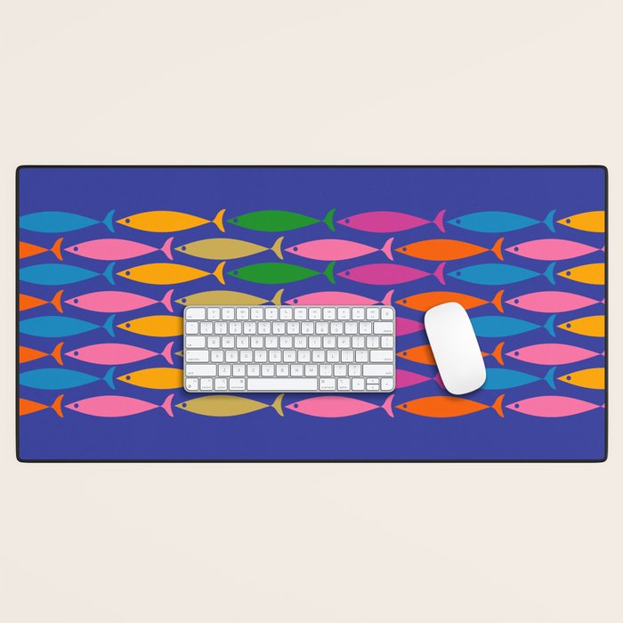 Fish Stripe Colorful Vivid Minimal Mid Century Modern Ocean Pattern on Blue Desk Mat Gallery Image 1