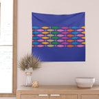 Fish Stripe Colorful Vivid Minimal Mid Century Modern Ocean Pattern on Blue Wall Tapestry Gallery Image 2