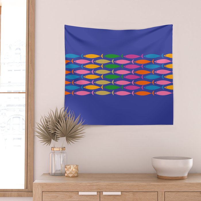Fish Stripe Colorful Vivid Minimal Mid Century Modern Ocean Pattern on Blue Wall Tapestry Gallery Image 2