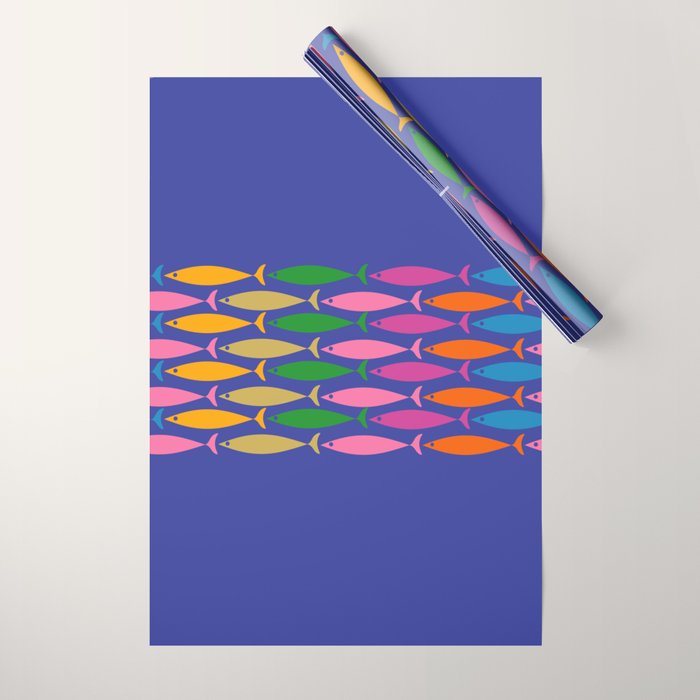 Fish Stripe Colorful Vivid Minimal Mid Century Modern Ocean Pattern on Blue Wrapping Paper Gallery Image 1