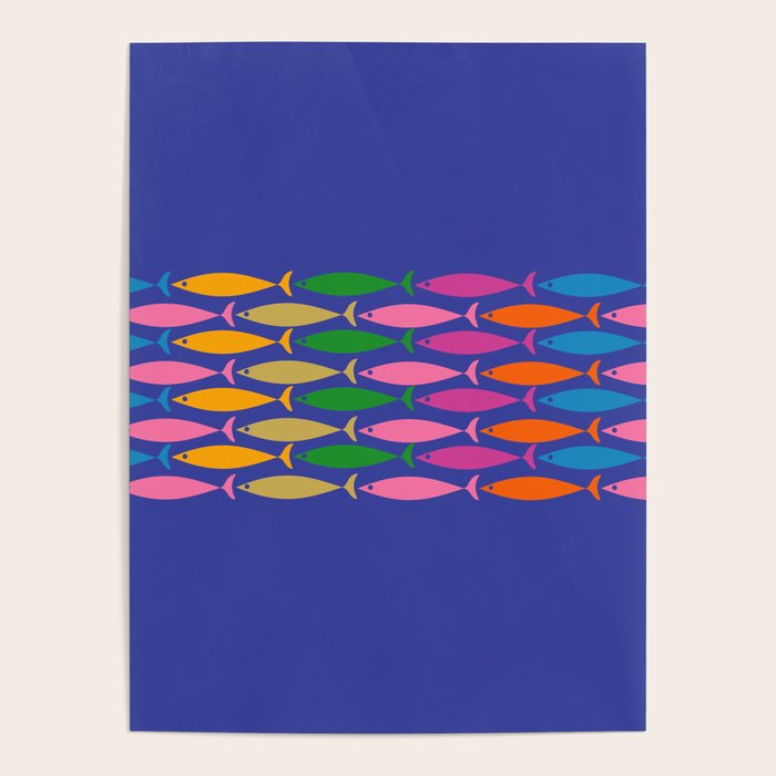 Fish Stripe Colorful Vivid Minimal Mid Century Modern Ocean Pattern on Blue Poster Gallery Image 4