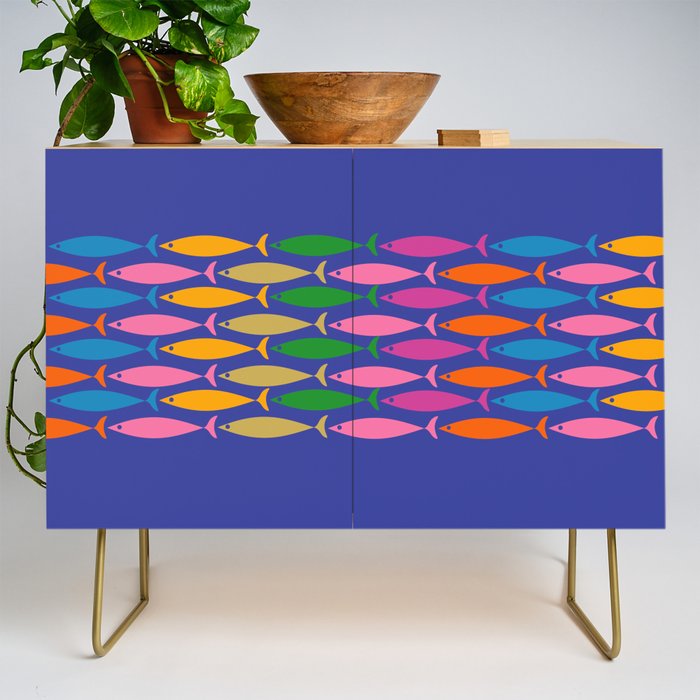 Fish Stripe Colorful Vivid Minimal Mid Century Modern Ocean Pattern on Blue Credenza Gallery Image 1