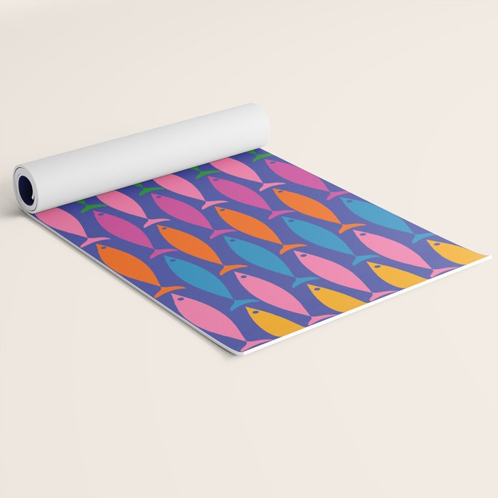Fish Stripe Colorful Vivid Minimal Mid Century Modern Ocean Pattern on Blue Yoga Mat Gallery Image 2