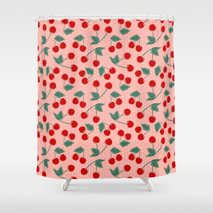 Cherry Kitsch on Pink Shower Curtain Gallery Image 1