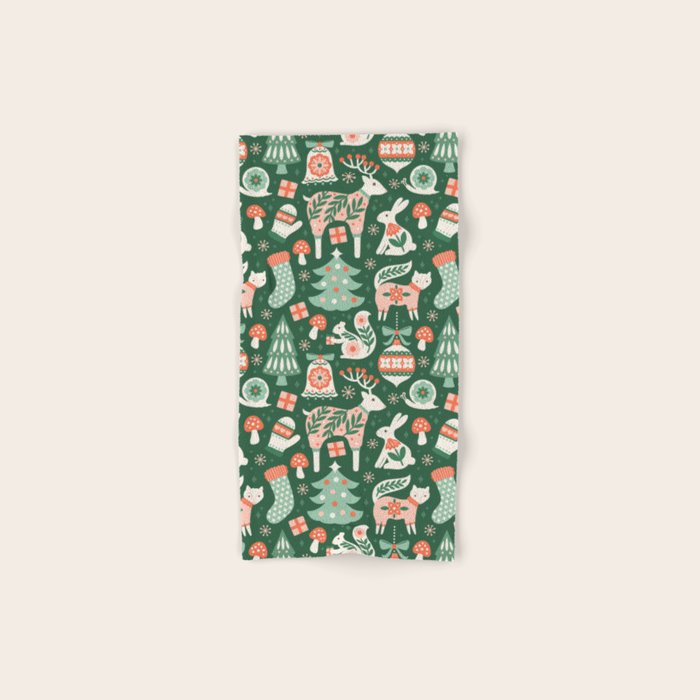 Festive Folk Art Forest Animals - Green and Red Bath Towel Gallery Image 1