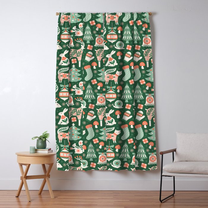 Festive Folk Art Forest Animals - Green and Red Window Curtain Gallery Image 1