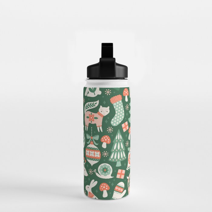 Festive Folk Art Forest Animals - Green and Red Water Bottle Gallery Image 2