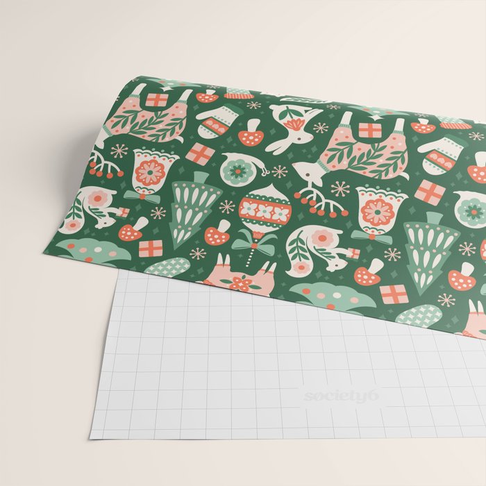 Festive Folk Art Forest Animals - Green and Red Wrapping Paper Gallery Image 2