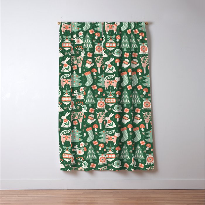 Festive Folk Art Forest Animals - Green and Red Window Curtain Gallery Image 3