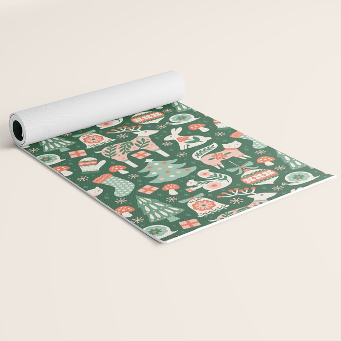 Festive Folk Art Forest Animals - Green and Red Yoga Mat Gallery Image 2