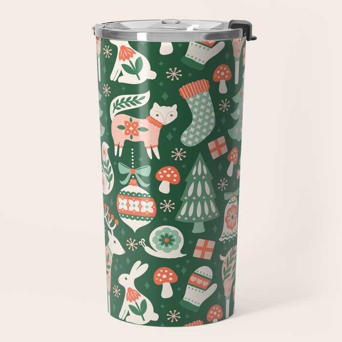 Festive Folk Art Forest Animals - Green and Red Travel Mug Gallery Image 2