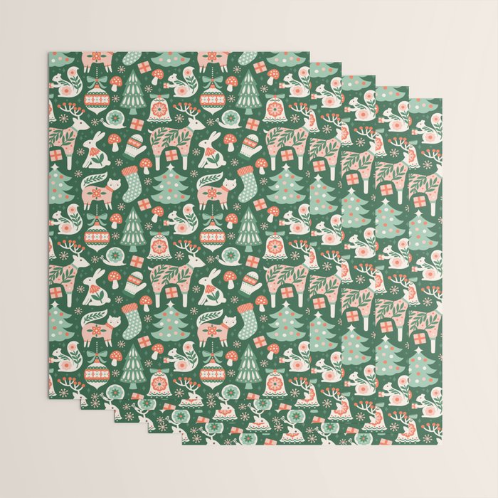 Festive Folk Art Forest Animals - Green and Red Wrapping Paper Gallery Image 3