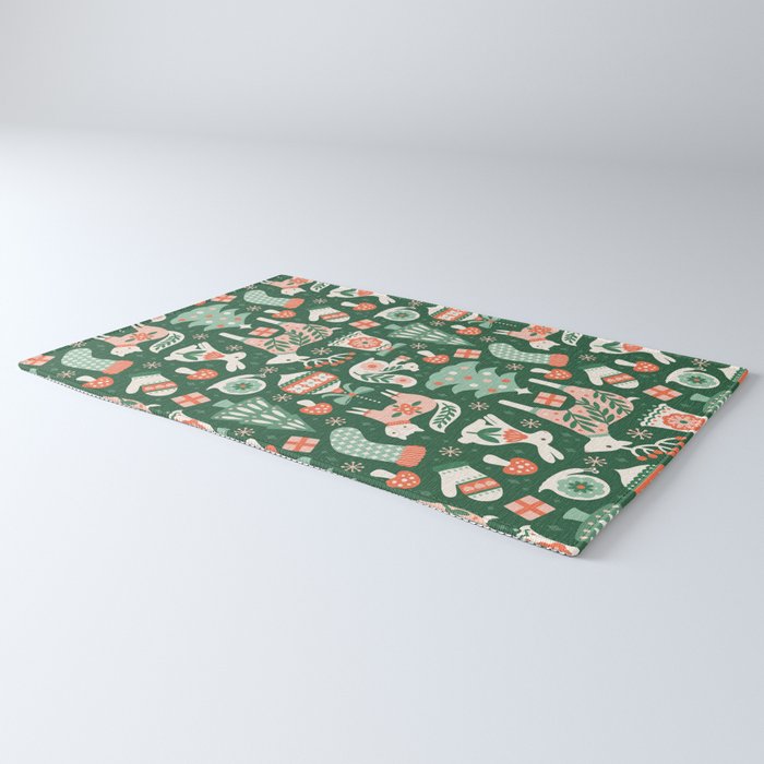 Festive Folk Art Forest Animals - Green and Red Rug Gallery Image 3