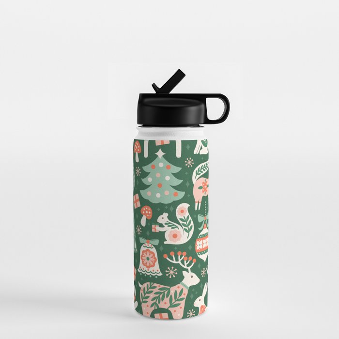 Festive Folk Art Forest Animals - Green and Red Water Bottle Gallery Image 1