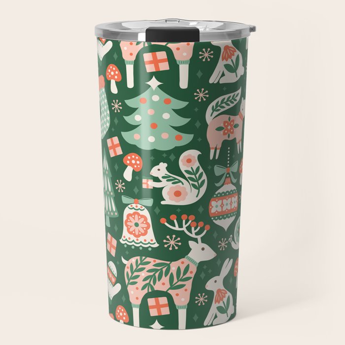 Festive Folk Art Forest Animals - Green and Red Travel Mug Gallery Image 1