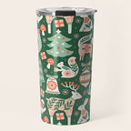 Festive Folk Art Forest Animals - Green and Red Travel Mug Gallery Image 1