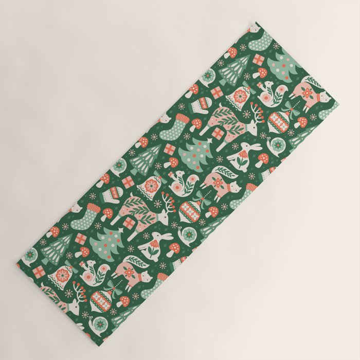 Festive Folk Art Forest Animals - Green and Red Yoga Mat Gallery Image 1