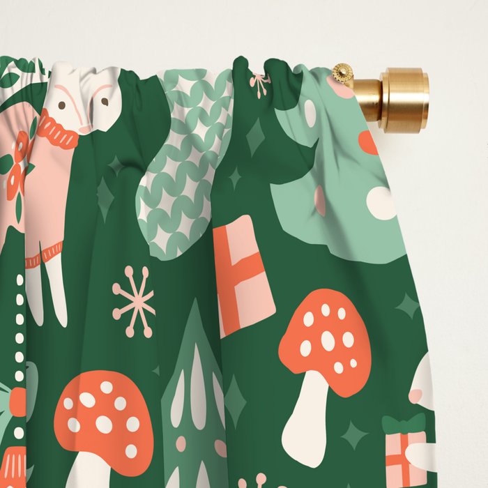 Festive Folk Art Forest Animals - Green and Red Window Curtain Gallery Image 2